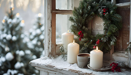 christmas-home-decorations-white-candles-and-pine-branch-wreath-on-vintage-wooden-window-sill-cup
