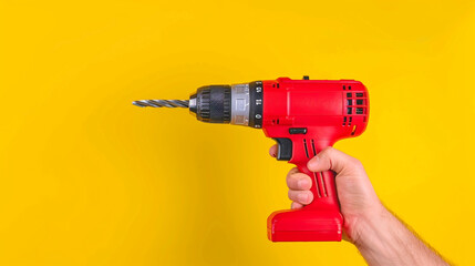 red Cordless drill-driver in a hand with copy space on the solid background.