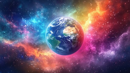 Obraz premium A stunning depiction of Earth, set against the backdrop of a vibrant galaxy, with swirling stars and colorful cosmic dust filling the sky