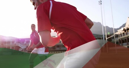 Animation of flag of italy over diverse rugby players playing rugby - Powered by Adobe