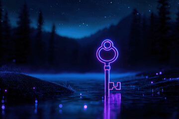 A glowing purple key stands in serene water under a starry night sky, symbolizing mystery and adventure in a tranquil setting.