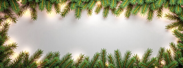 Obraz premium Christmas banner, Festive Green Fir Branch Frame on Light Grey Background, Seasonal Decoration, Christmas Holiday with Copy Space for Text, Winter Celebration Design Element