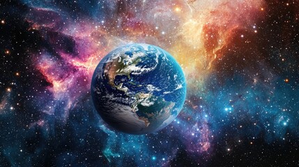 Obraz premium A vivid view of Earth suspended in the vastness of space, surrounded by twinkling stars and vibrant cosmic nebulae, highlighting the beauty of our planet