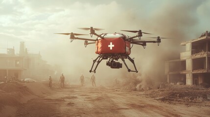 AI-driven emergency response drones delivering first aid supplies in critical situations: Drones dropping medical kits to disaster survivors in remote locations.