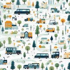 Modern Flat Vector Pattern of Cars, Trains, and Bicycles in Minimalistic Style