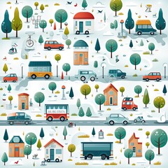 Modern Flat Vector Pattern of Cars, Trains, and Bicycles in Minimalistic Style