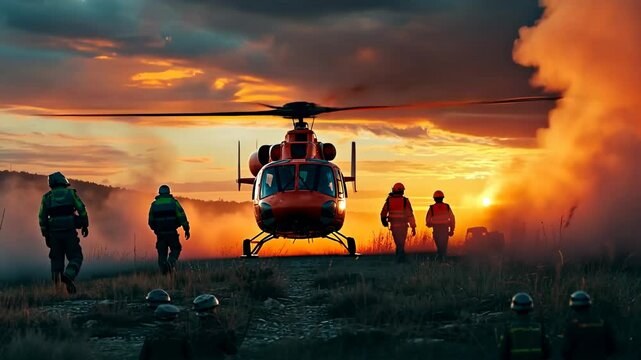Silhouettes of soldiers approach a helicopter under a dramatic sunset, surrounded by dust and clouds