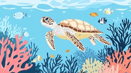 Obraz premium A sea turtle swims through a vibrant coral reef with colorful fish.