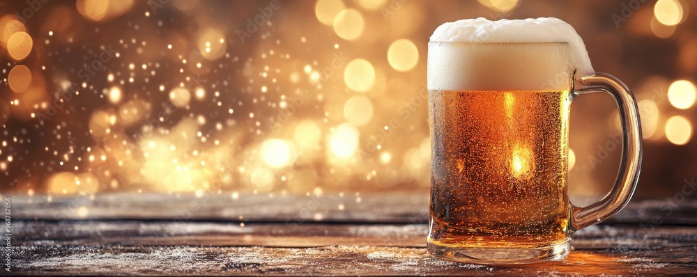 Poster frosty mug of golden beer with rich foam on a rustic wooden table creating a warm and inviting atmos