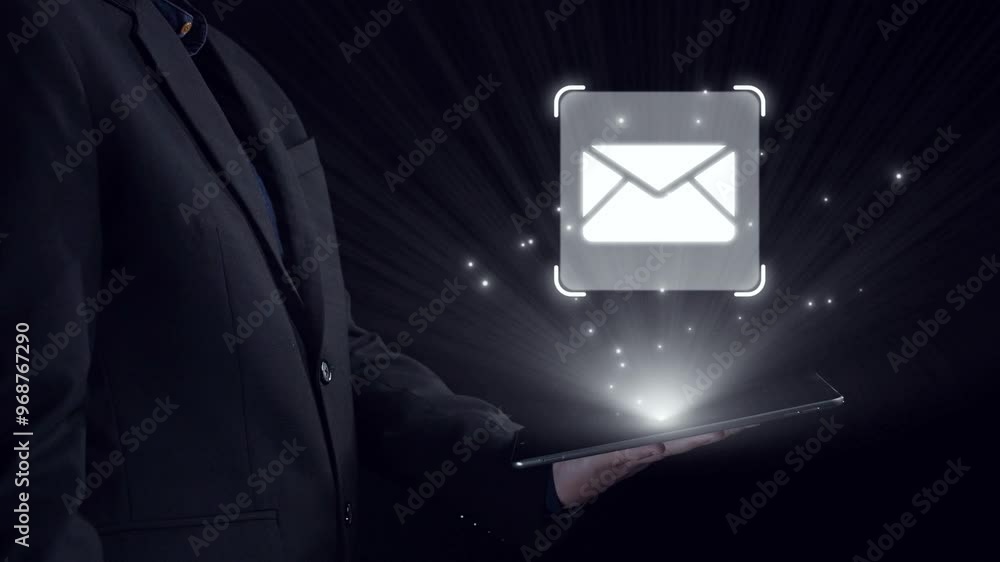 Poster business person checking email inbox, organizing and prioritizing messages for better productivity. 
