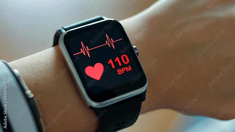 Poster a modern smartwatch on a wooden surface shows a heart rate monitor feature with a vivid display of t