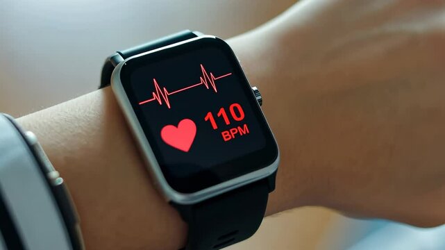 A modern smartwatch on a wooden surface shows a heart rate monitor feature with a vivid display of the current beats per minute.
