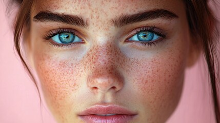 Fototapeta premium Close up Portrait of Woman with Blue Eyes and Freckles