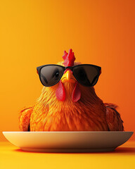 A chicken wearing sunglasses sitting on an empty plate, against an orange background, in a funny and humorous style. Minimalism. Advertising poster.