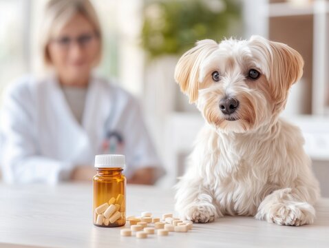 A cute dog at a veterinary clinic with medication bottle and pills on the table, highlighting pet health care importance.