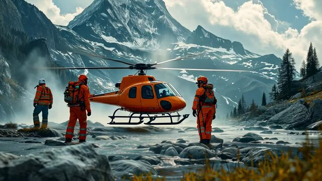 Search and rescue team in bright orange suits preparing for a mission near a helicopter in the mountainous terrain.