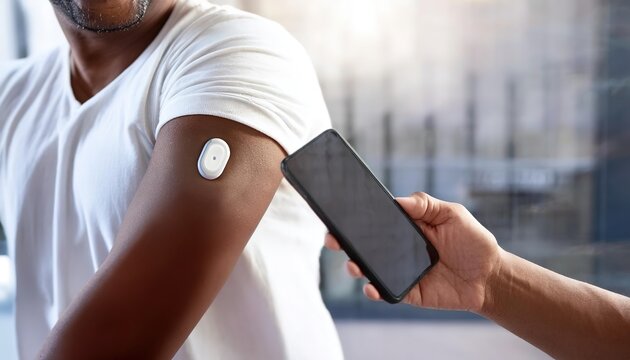A person using a smartphone to scan a sensor attached to their arm, likely for monitoring health data.
