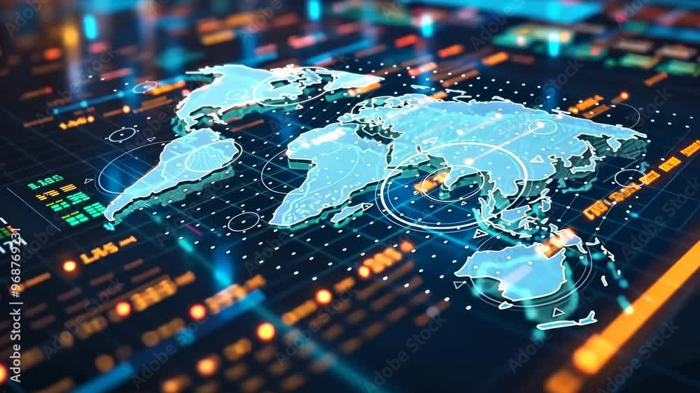 Aufkleber a digital world map illuminated by glowing connections and data points