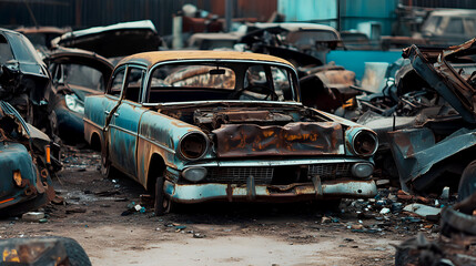 The rusty remnants of an old car, with its frame corroded and crumbling, set among piles of scrapped vehicles in a dusty junkyard