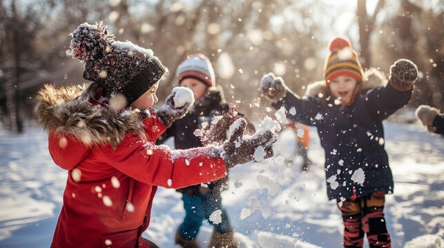 Young kids, dressed in warm winter gear, having an epic snowball fight in a snow-covered park. The bright sunlight and flying snowflakes, scene full of children&rsquo;s laughter and playful competition