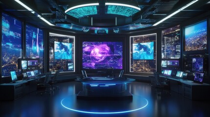 Fototapeta premium A modern news set features cutting-edge holographic displays and vibrant cityscapes outside at night