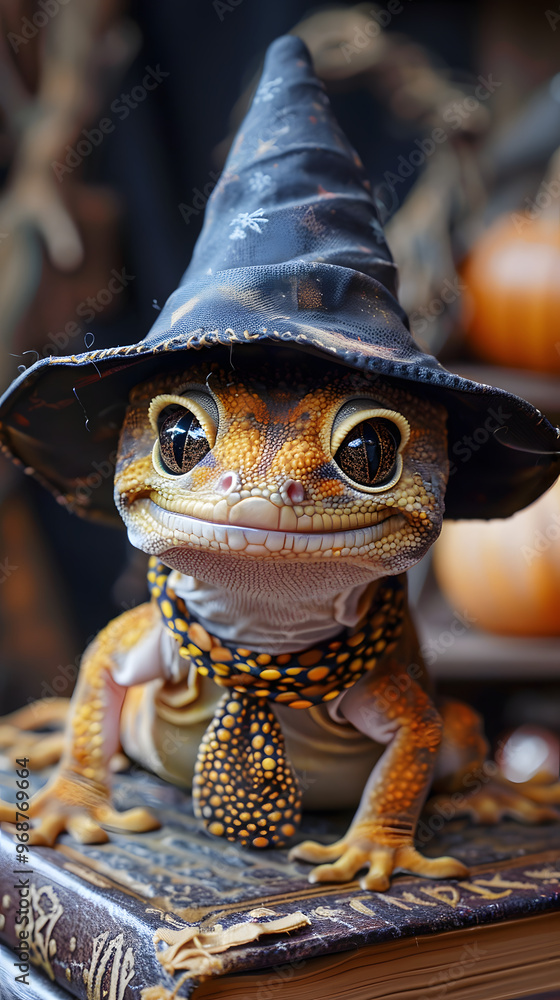 Wall mural Gecko dressed as a wizard with a tiny pointy hat, standing on a spellbook