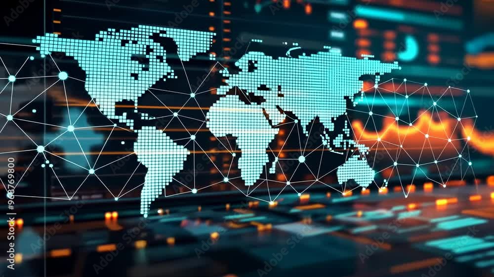 Poster a visually striking digital world map with vibrant data visualizations