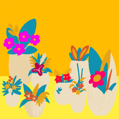 Colorful abstract floral background with a flower vase, featuring a seamless pattern of flowers and leaves in spring and summer hues.