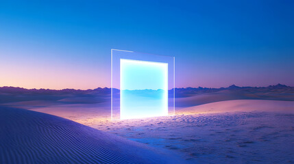 The square frame glows brightly against the barren desert, with the sand softly reflecting the vibrant blue light in a surreal