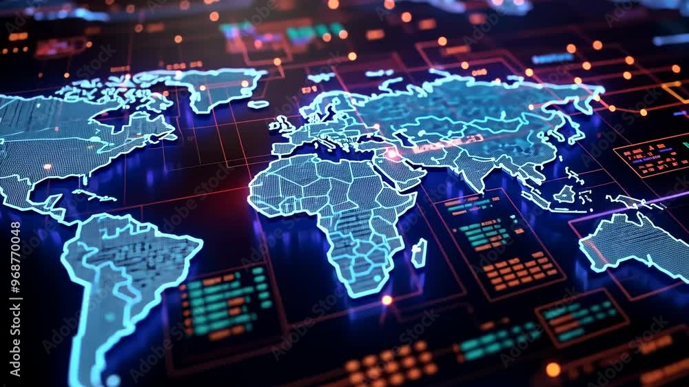 Aufkleber futuristic world map with glowing lines and digital data visualization