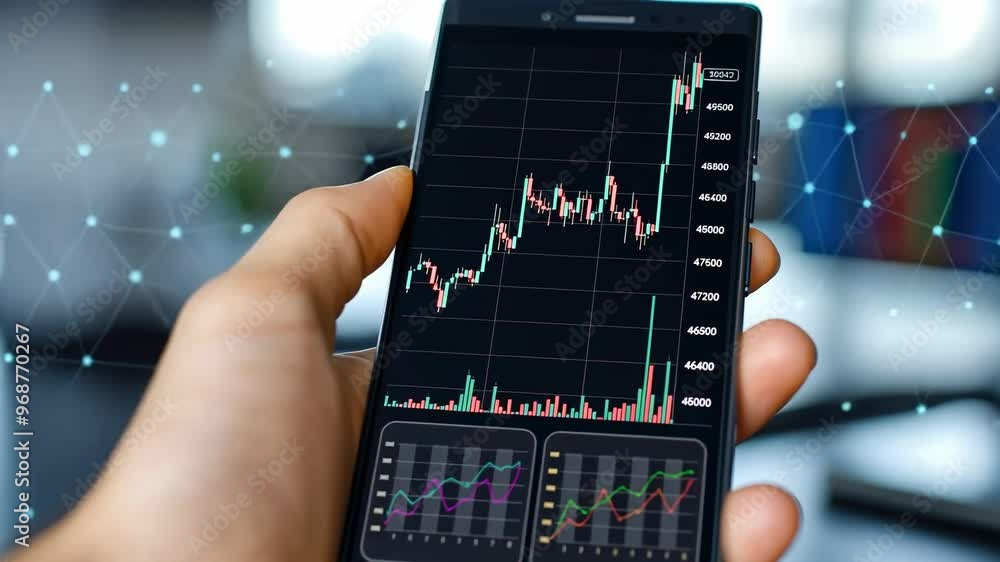 Poster a close-up shot of a smartphone displaying a stock market graph