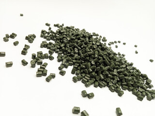 Green polymer granules, green masterbatch granules, cold cutting material type, isolated on white...