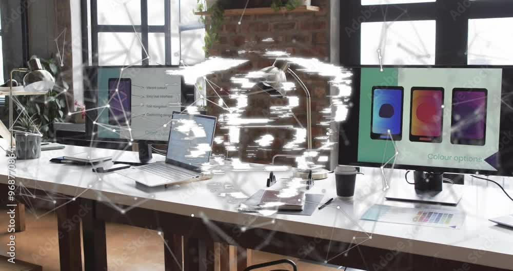 Poster animation of padlock, connections and data processing over computers on desks in office