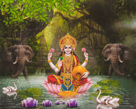 3d illustration , forest background with temple and elephants , Indian goddess Lakshmi sitting on lotus flower ,  Hindu goddess of wealth , interior decoration wallpaper design.