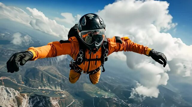 An adventurous skydiver in an orange jumpsuit leaps through clouds above stunning mountain landscapes