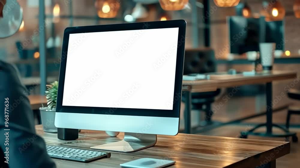 Poster a person using a computer in a modern office setting, with a blank screen and warm ambient lighting
