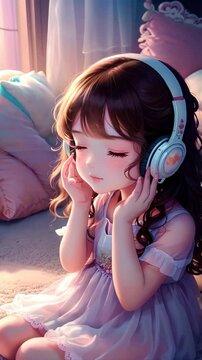Vertical footage of anime girl with headphones enjoying music in a cozy room