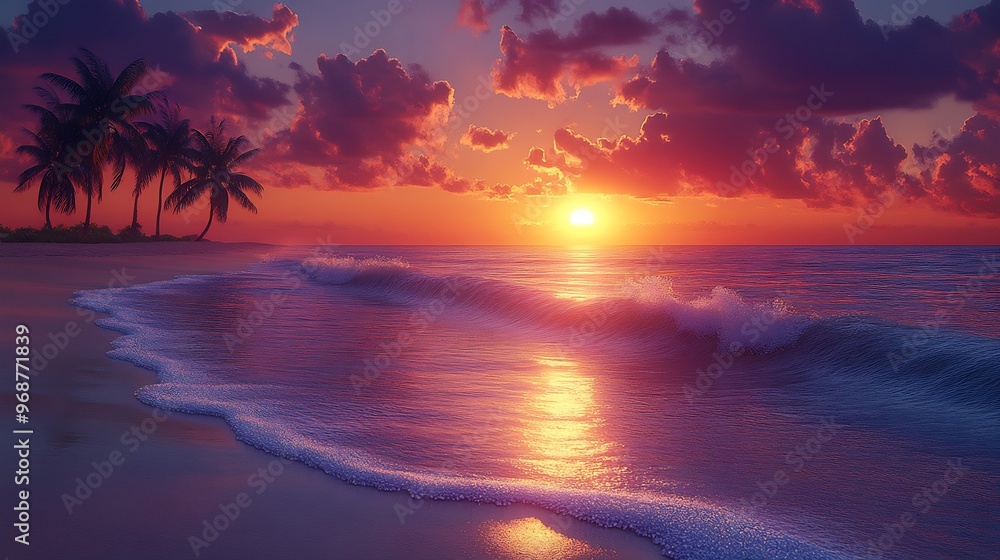 Poster photorealistic image of a serene beach at sunset with soft waves lapping at the shore palm trees sil
