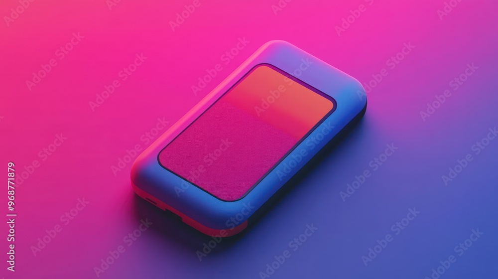 Poster blue smartphone with gradient screen on a pink and purple background