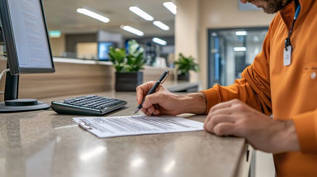 Close up of a Man's Hand Filling Out a Form.