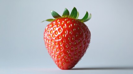 Close-up of a Single Ripe Red Strawberry with Green Leaves