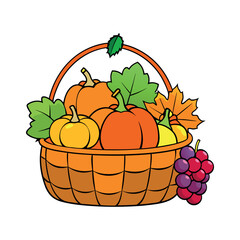 autumn Basket with pumpkin, grapes, apples and pears Clipart isolated vector illustration