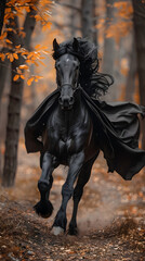 Horse in a witch costume with a flowing black cape galloping through a forest