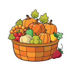 autumn Basket with pumpkin, grapes, apples and pears Clipart isolated vector illustration