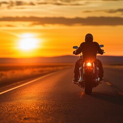 A sunset motorcycle ride along a wide open road with golden skies ahead