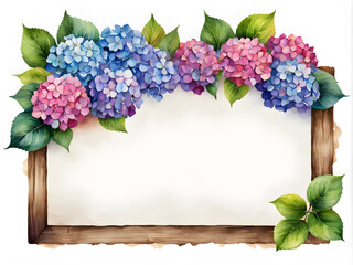 Watercolor hydrangea flowers and wooden frame.