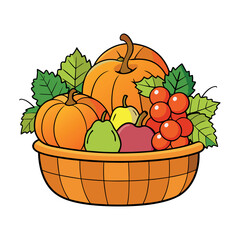 autumn Basket with pumpkin, grapes, apples and pears Clipart isolated vector illustration