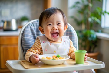 Little toddler learning how to feed himself, trying healthy food lunch time at home baby led weaning. Vegetarian child.