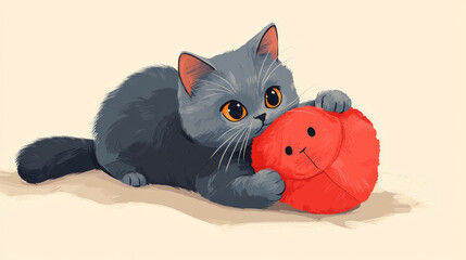 Obraz premium A British Shorthair cat joyfully pounces on plush toy, showcasing its playful nature and curiosity. vibrant colors and adorable expression capture moment of pure delight