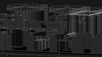 Water treatment plant, seamless 3d loop animation blueprint, filtration system, line work on black